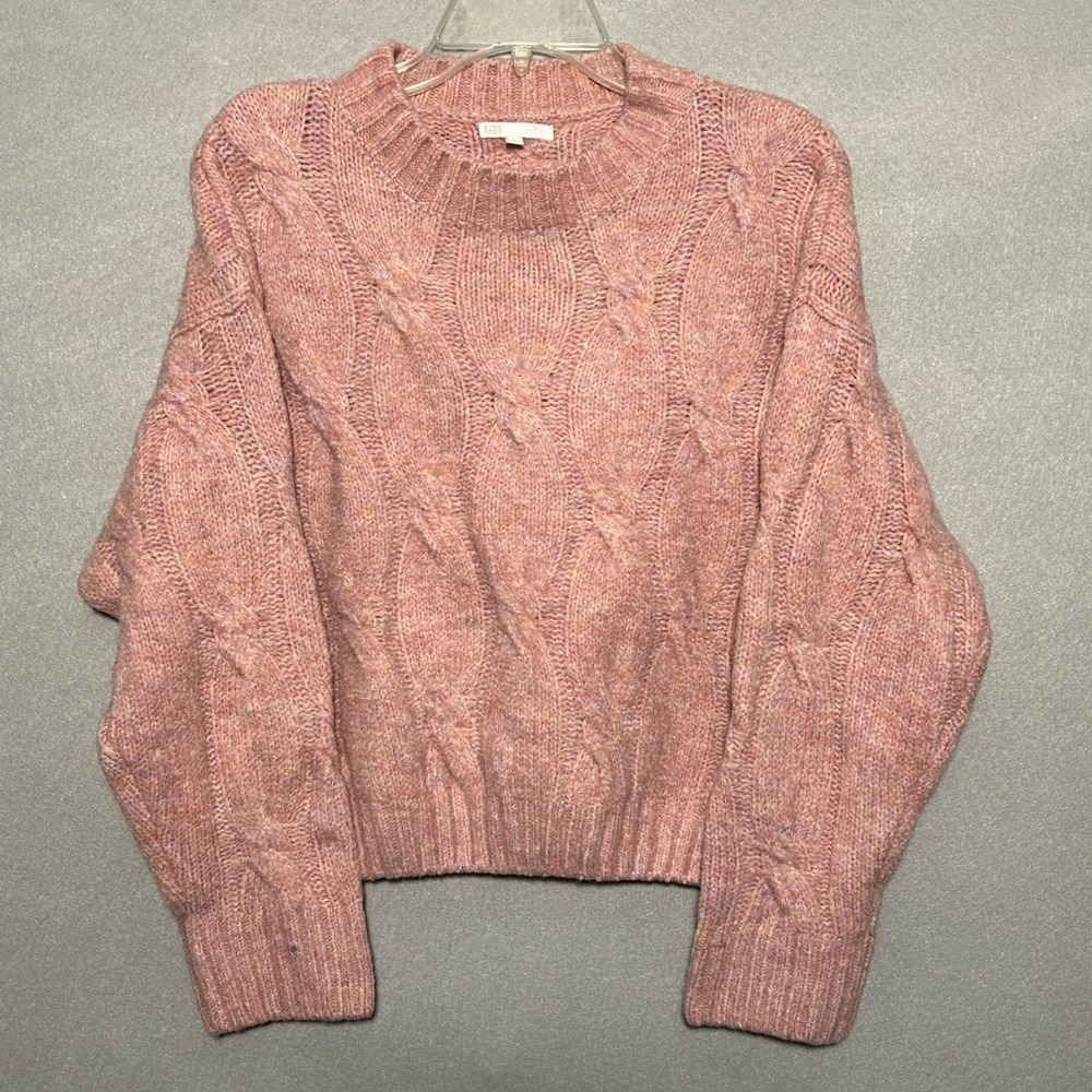 GB Gianni Bini Women XS Sweater Pink Cable Knit Wool Blend Preppy Drop Shoulder
